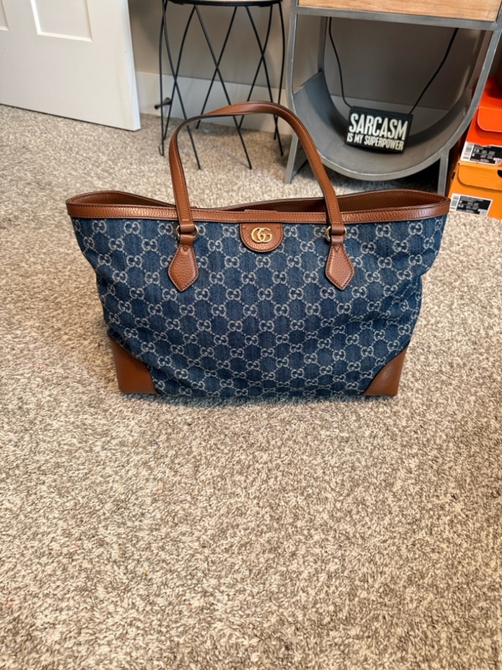 Authentic Gucci Blue Denim GG Monogram Tote with Brown Leather Trim